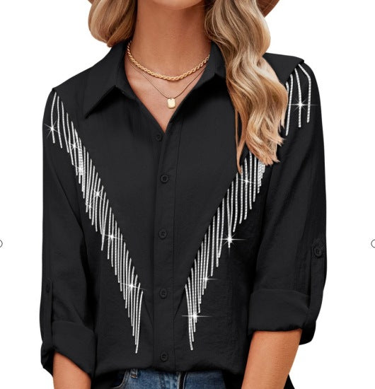Blusa informal de manga larga con solapa y borlas de diamantes de imitación para mujer