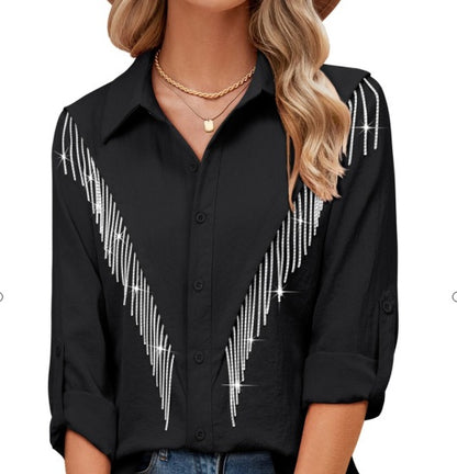 Blusa informal de manga larga con solapa y borlas de diamantes de imitación para mujer