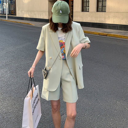 Conjunto elegante de dos piezas para oficina, de verano, informal, holgado, de manga corta y blazer corto.