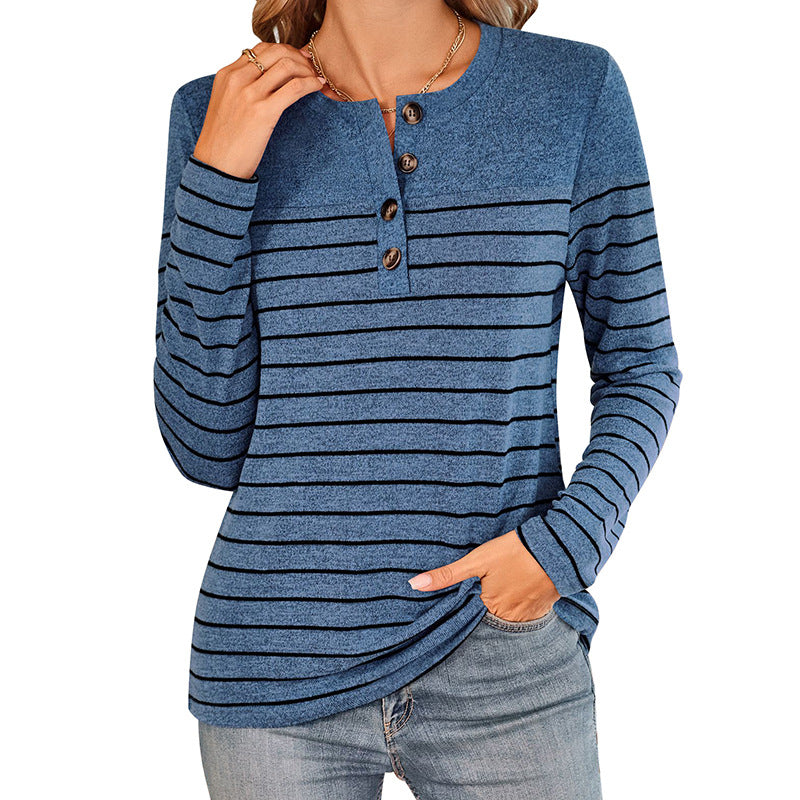 Camiseta informal de manga larga con botones y rayas en contraste para mujer