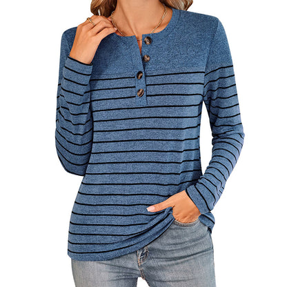 Camiseta informal de manga larga con botones y rayas en contraste para mujer