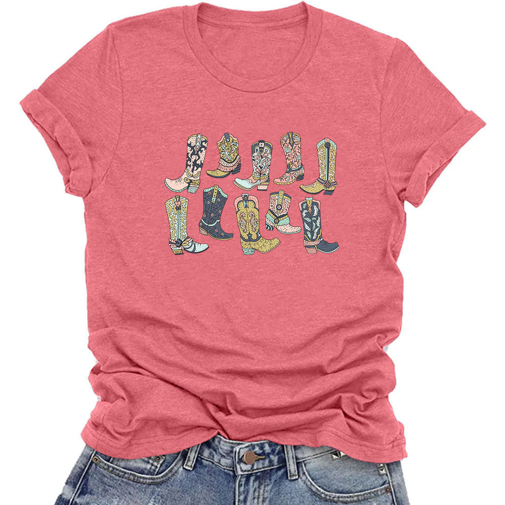 Camiseta vaquera informal de manga corta con cuello redondo para mujer, estilo occidental, de verano