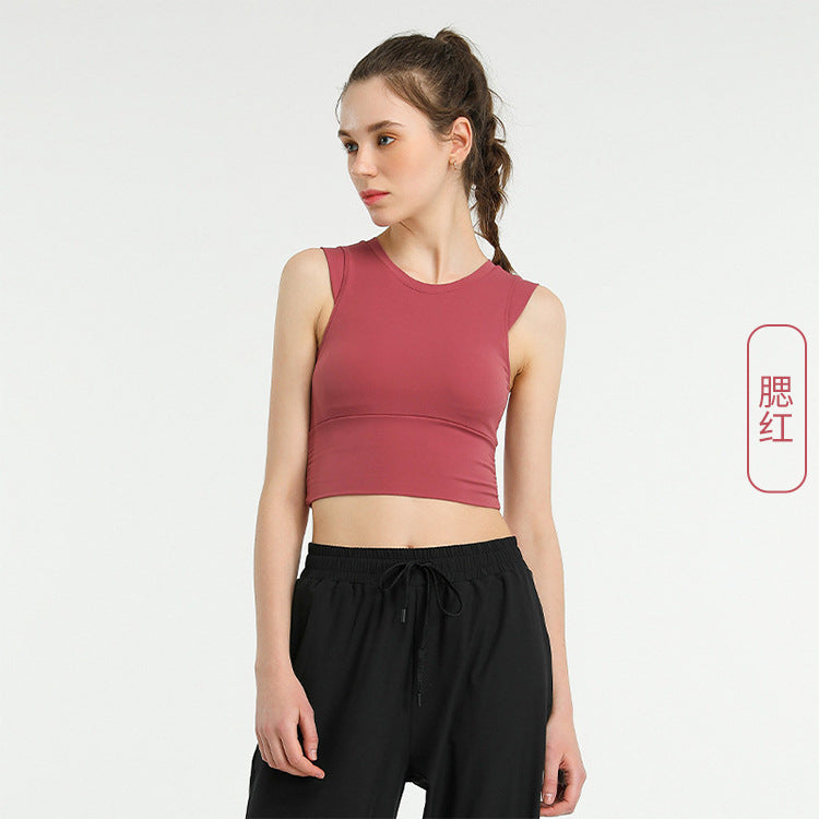Camiseta deportiva sin mangas con cuello redondo, transpirable, de color sólido y ajustada, informal para mujer