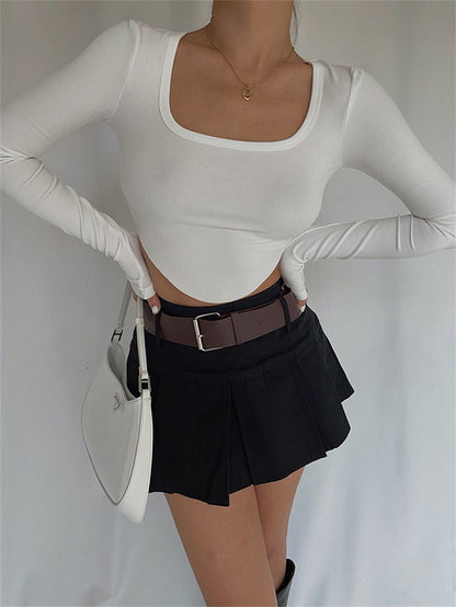Women Fashion Casual Solid Color Square Collar Knitted Irregular Hem Long Sleeve Crop Top