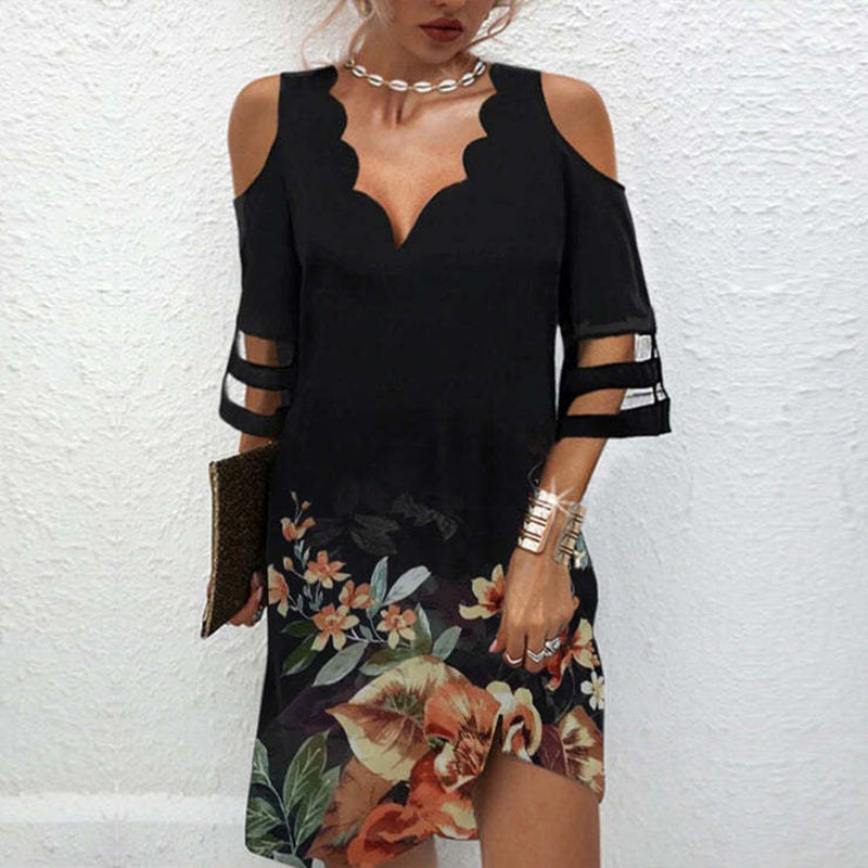 Vestido mini holgado informal de verano para mujer, elegante, de manga corta, con escote en V y hombros descubiertos, de malla y retazos