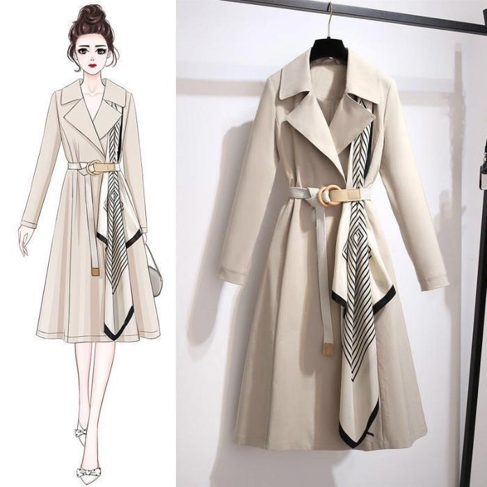 Women Fashion Casual Solid Color Silk Scarf Belt Long Sleeve Coat Jacket