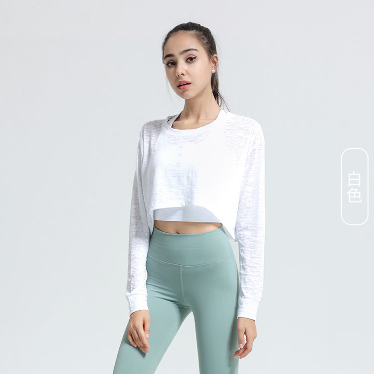 Top deportivo corto informal, holgado, transpirable, de color sólido y manga larga para mujer