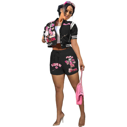 Fashion Ladies Casual Graphic Printing Short Sleeve Top Slim Fit Shorts Set