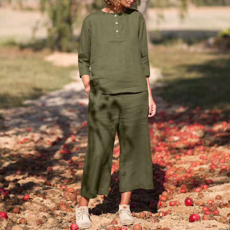 Conjunto de dos piezas con cuello redondo, botones y pantalones anchos de pierna ancha para mujer, talla grande