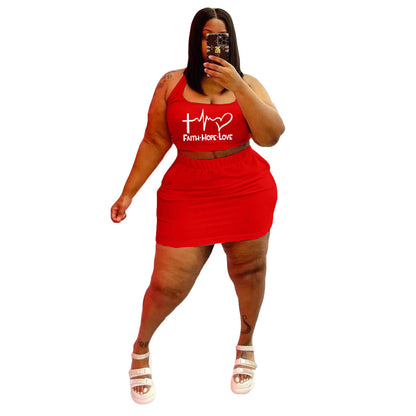 Conjunto de dos piezas de top corto y falda con estampado de letras Faith Love, informal, deportivo, sin mangas, talla grande, para mujer