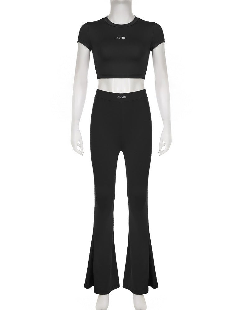 Conjunto de dos piezas de top y pantalón de manga corta de color liso informal para mujer