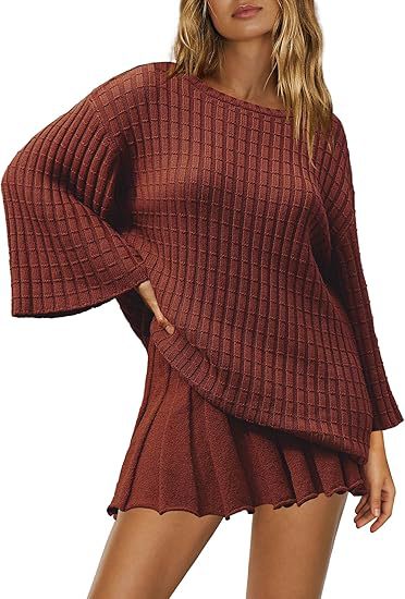 Women Fashion Casual Solid Color Knitted Stripe Long Sleeve Sweater Pleated Skirt Two-Piece Set