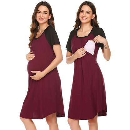 Vestido informal de manga corta con cuello redondo y costuras para embarazadas.