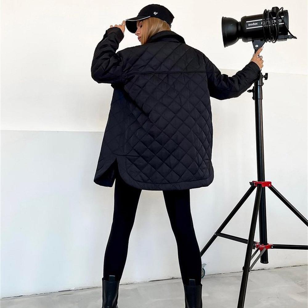 Autumn Winter Women Fashion Casual Loose-Breasted Lapel Warm Rhombic Quilted Jacket Coat