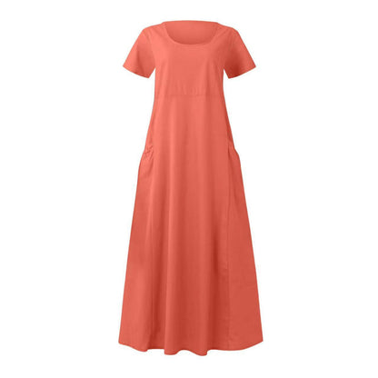 Women Casual Solid Color Cotton Linen Round Neck Short Sleeve Loose Dress