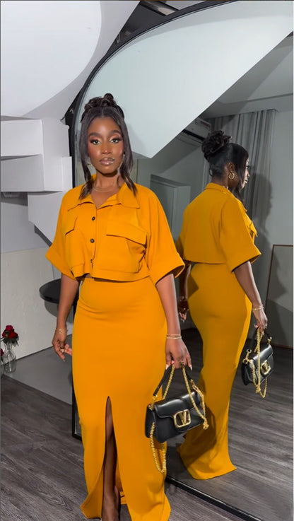 Conjunto de dos piezas formado por camisa y falda con abertura y manga corta, informal, de verano, para mujer