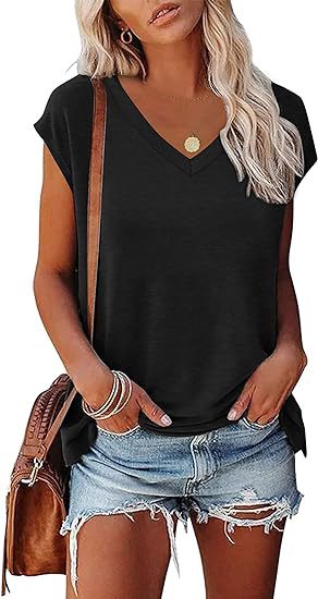 Camiseta informal de verano para mujer, con cuello en V, color liso, de manga corta y sin mangas