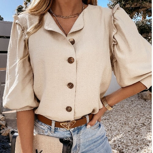 Blusa elegante básica informal de color liso con mangas cortas y volantes para mujer