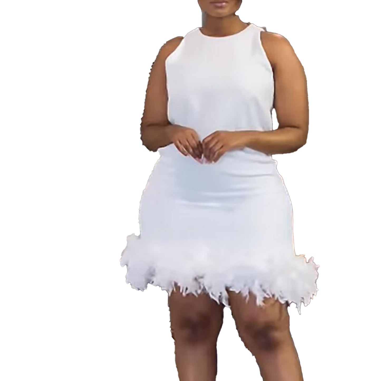 Women Fashion Casual Solid Color Sleeveless Feather Dress