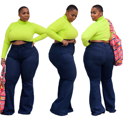 Vaqueros casuales de pierna ancha de color liso para mujer, tallas grandes