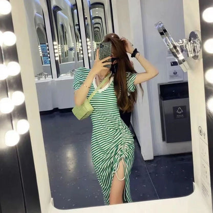 Women Fashion Casual Stripe Printing V-Neck Short Sleeve Drawstring Slit Dress