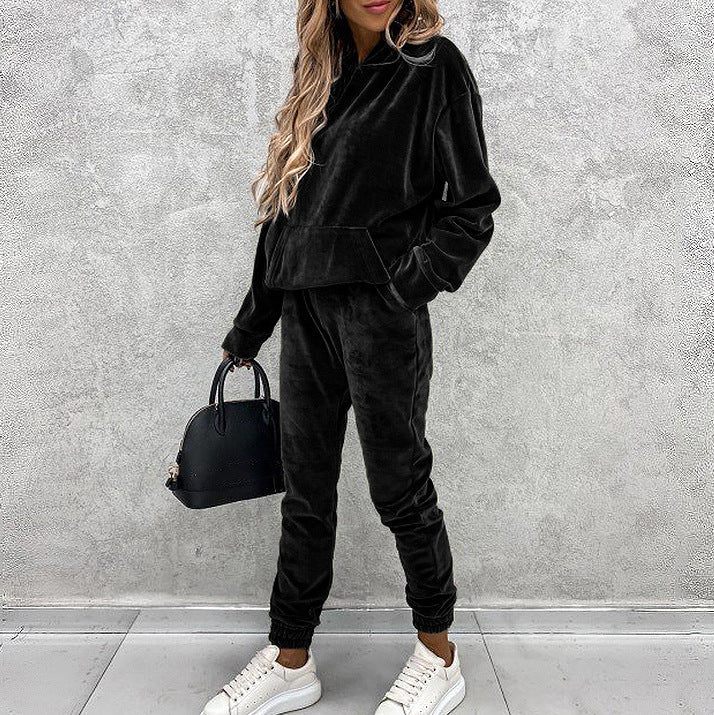Conjunto de dos piezas informal holgado con capucha y pantalones de manga larga de color liso para mujer