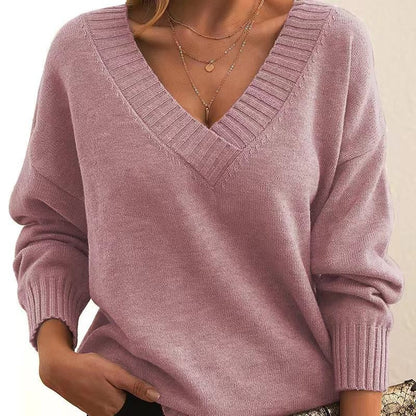 Women Fashion Casual Loose V-Neck Long Sleeve Knitted Sweater