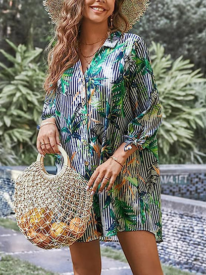 Bata de playa informal de manga larga con estampado floral y solapa para mujer