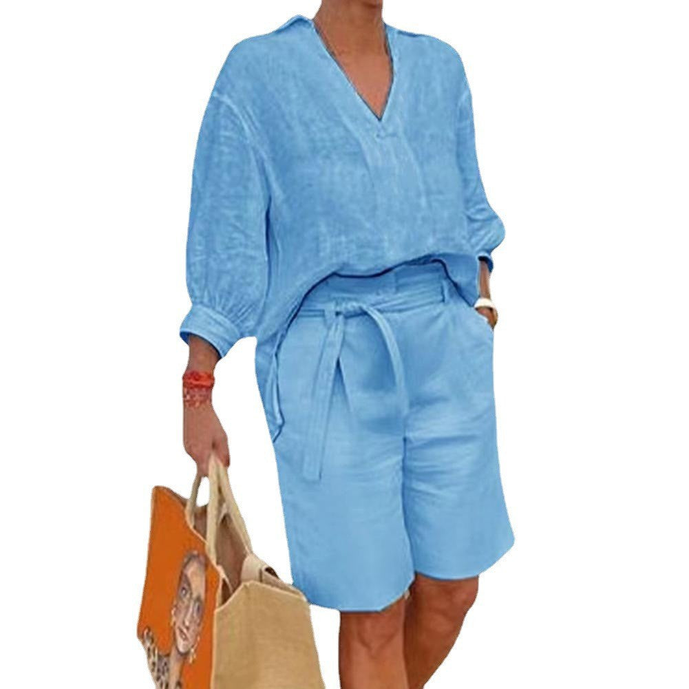 Conjunto de dos piezas para mujer, informal, de lino y algodón, holgado, con cuello en V, manga larga y pantalones cortos con cordones.