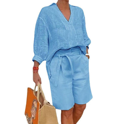 Conjunto de dos piezas para mujer, informal, de lino y algodón, holgado, con cuello en V, manga larga y pantalones cortos con cordones.