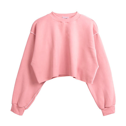 Sudadera corta informal de manga larga con cuello redondo y color liso para mujer de otoño e invierno