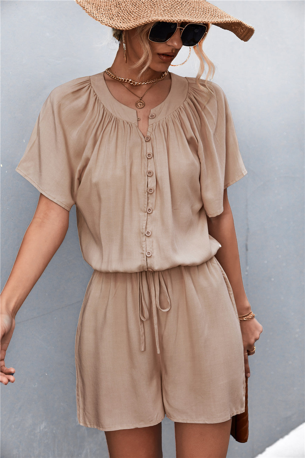 Women Solid Color Pleated Tie Button Casual Rompers