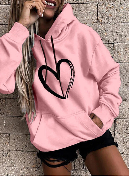 Sudadera básica informal con capucha y estampado de corazón para mujer, de manga larga