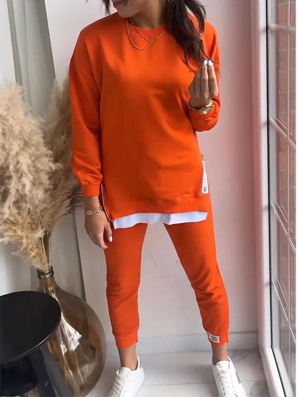 Conjunto de dos piezas formado por top y pantalón de manga larga, cuello redondo, color liso, informal, a la moda para mujer