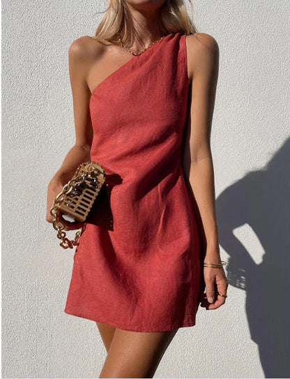 Women Casual Solid Color Slim-Fit One-Shoulder Dress