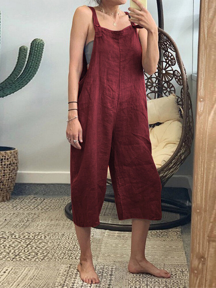 Women Summer Solid Color Cotton Overalls Loose Casual Jumpsuits