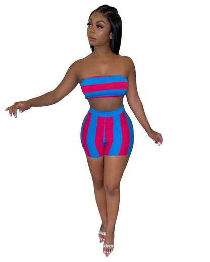 Conjunto de dos piezas formado por top de tubo y pantalones cortos informales a rayas sexys para mujer