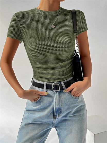 Women Fashion Casual Round Neck Knitted Short Sleeve Top