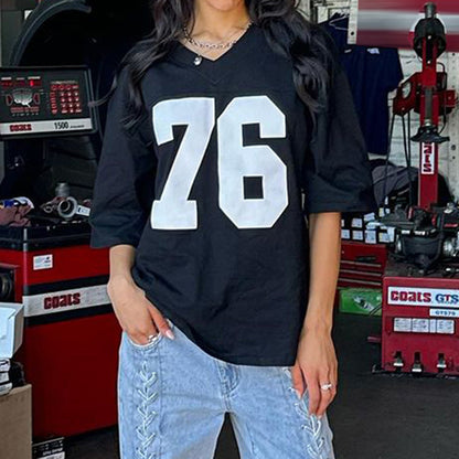 Camiseta de jersey de manga corta con cuello en V y estampado digital holgado informal para mujer