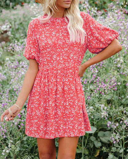 Vestido informal holgado de manga corta con estampado floral y mangas farol para mujer