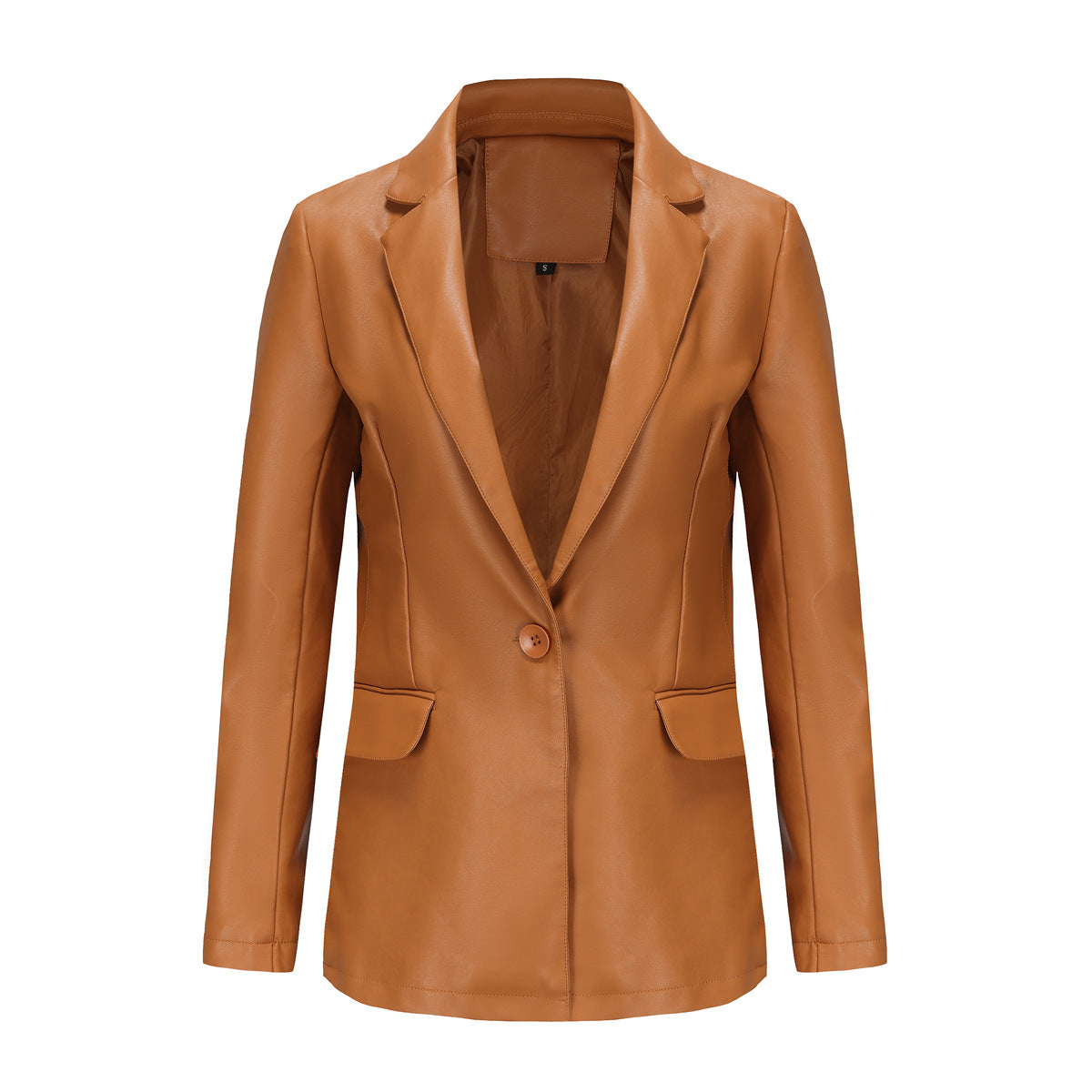 Chaqueta blazer informal de PU de manga larga con solapa de color sólido para mujer