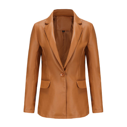 Chaqueta blazer informal de PU de manga larga con solapa de color sólido para mujer