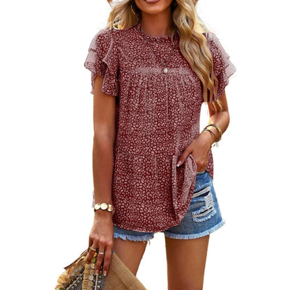 Blusa informal de mujer con estampado floral, volantes, manga corta y cuello redondo