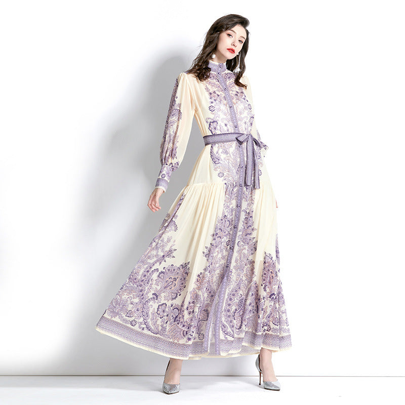 Women Elegant Retro Casual Chiffon Long-Sleeved Stand Collar Lantern Sleeve Tie-Up Print Dress