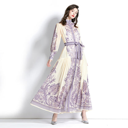 Women Elegant Retro Casual Chiffon Long-Sleeved Stand Collar Lantern Sleeve Tie-Up Print Dress