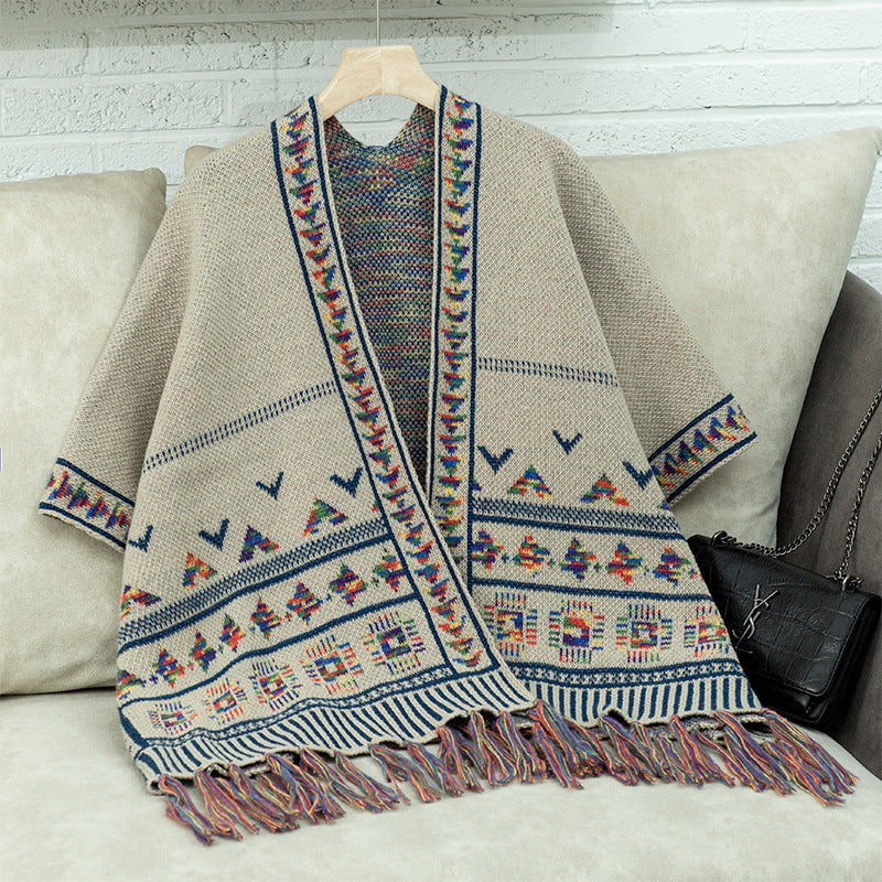 Capa con borlas de jacquard geométrico informal a la moda para mujer, estilo occidental, otoño e invierno