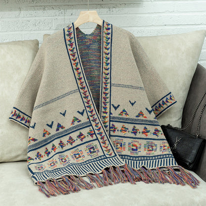 Capa con borlas de jacquard geométrico informal a la moda para mujer, estilo occidental, otoño e invierno