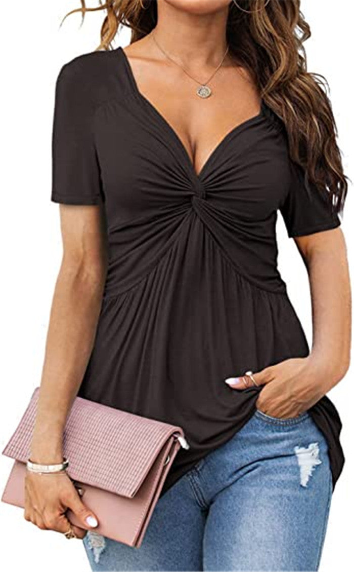 Blusa informal plisada de manga corta con cuello en V y color liso para mujer