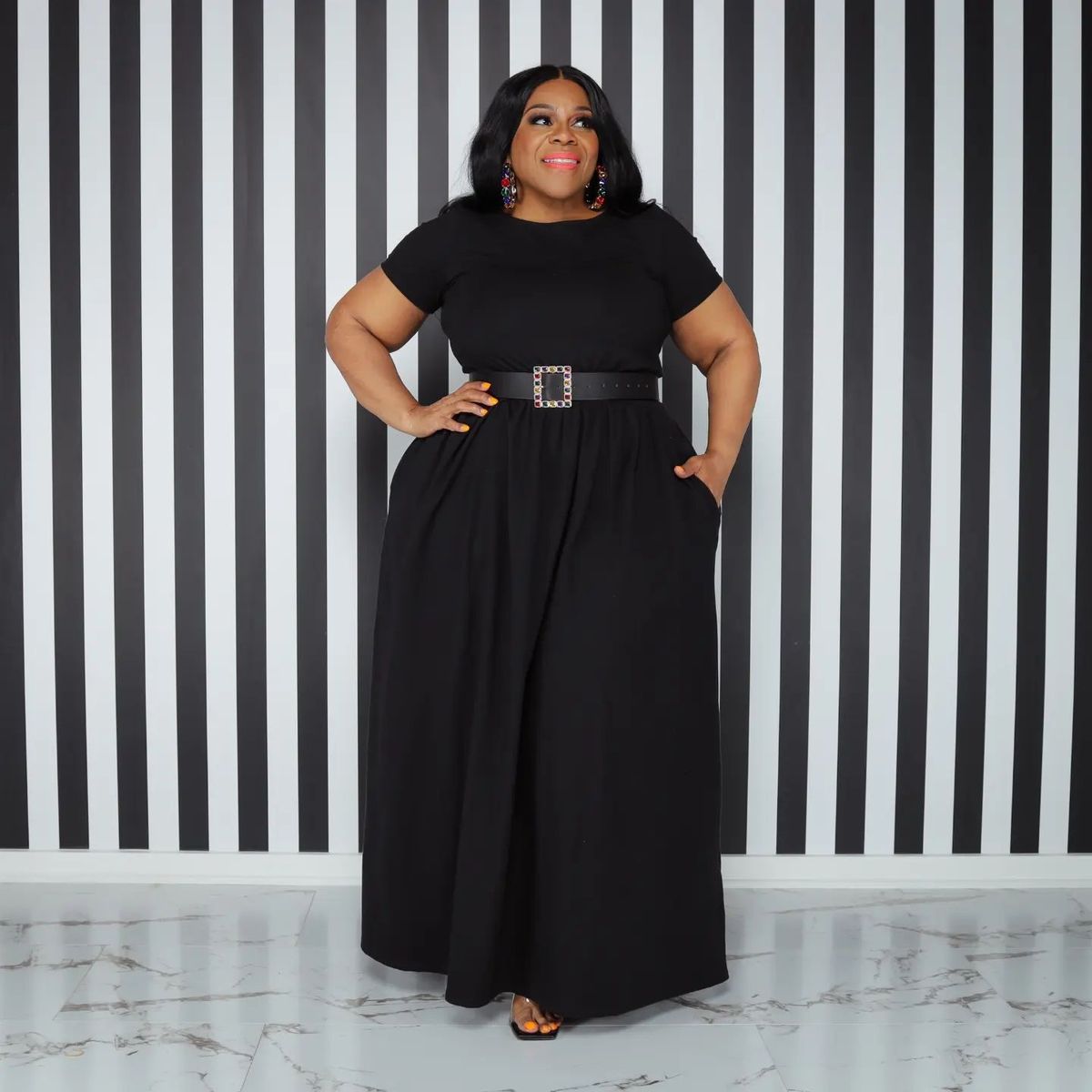 Women Casual Solid Color Tight Waist Short Sleeve Plus Size Dress