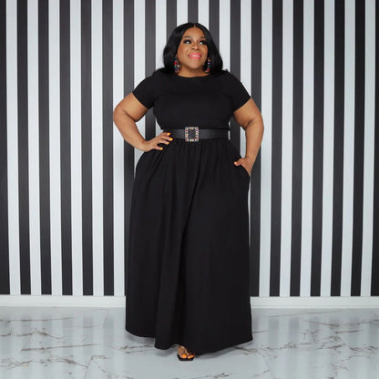 Women Casual Solid Color Tight Waist Short Sleeve Plus Size Dress
